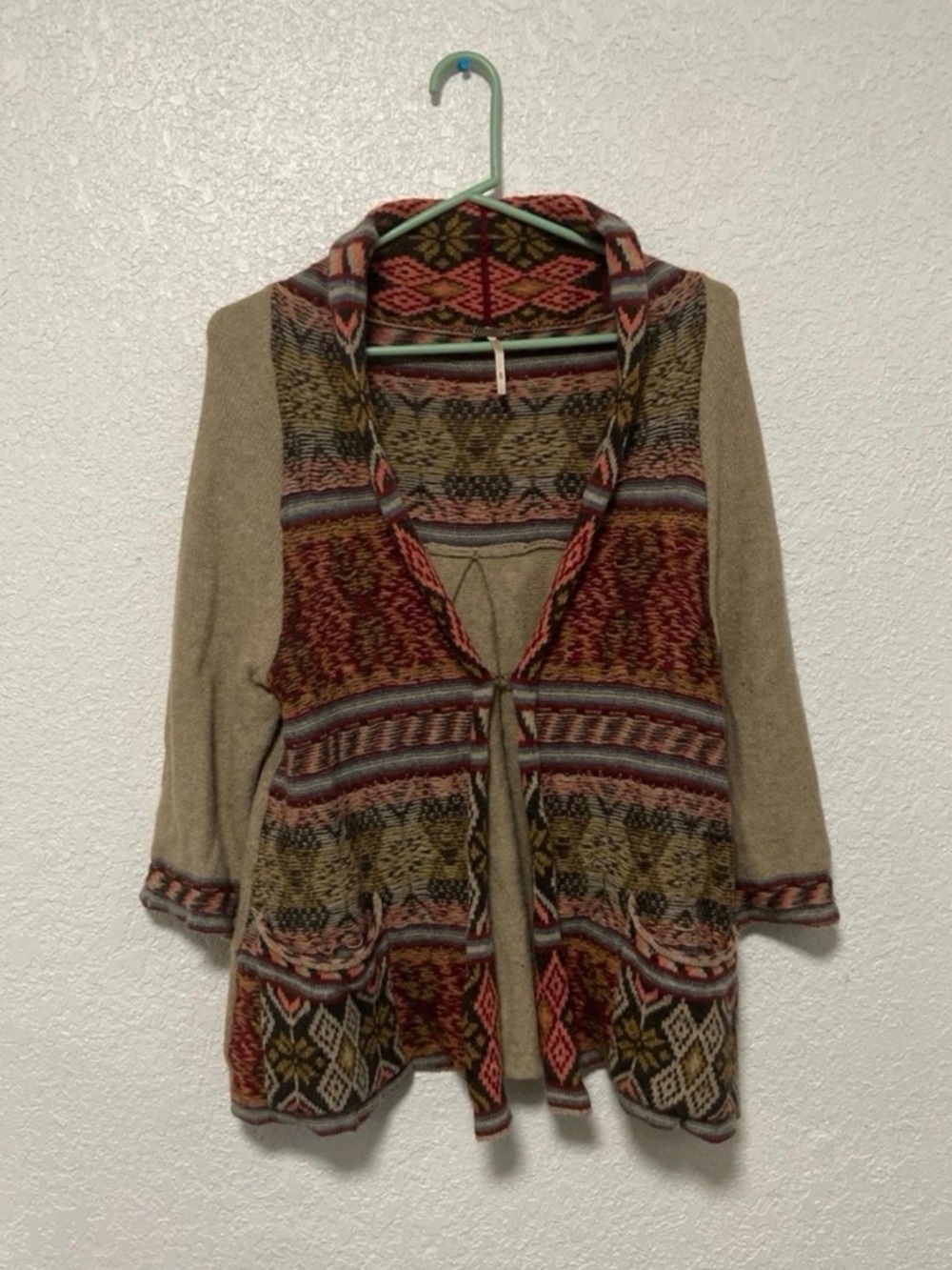 Free People Beige Sweater Cardigan with Rust, Olive & Pink Geometric Pattern